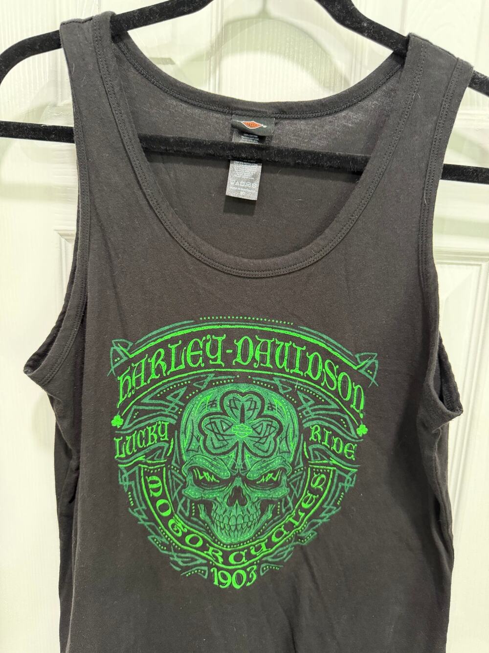 Harley-Davidson Women's Size M Black & Green Lucky Ride Shamrock Skull Tank